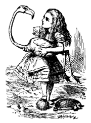 An illustration from Lewis Carroll's Alice's Adventures in Wonderland, depicting the fictional protagonist, Alice, playing a fantastical game of croquet.