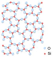 The amorphous structure of glassy Silica (SiO2). No long range order is present, however there is local ordering with respect to the tetrahedral arrangement of Oxygen (O) atoms around the Silicon (Si) atoms.