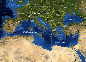 Composite satellite image of the Mediterranean Sea.