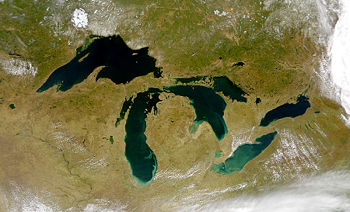 A satellite image of the Great Lakes.