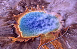 An aerial photo of microbial mats around the Grand Prismatic Spring of Yellowstone National Park.