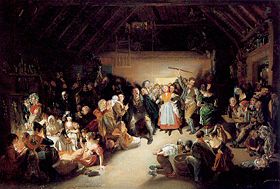 Snap-Apple Night by Daniel Maclise portrays a Halloween party in Blarney, Ireland, in 1832. The young people on the left side play various divination games, while children on the right bob for apples. A couple in the center play "Snap-Apple", which involves retrieving an apple hanging from a string
