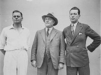 Australian captain Bill Woodfull (left) with  Monty Noble (centre) and Tim Wall (right)