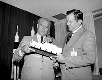 Wernher von Braun and William R. Lucas, the first and third Marshall Space Flight Center directors, viewing a Space Shuttle model, October 11, 1974