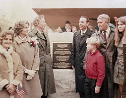 In February 1970, Huntsville, Alabama, honored Wernher von Braun's years of service with a series of events including a plaque in his honor. Pictured (left to right), his daughter Iris, wife Maria, U.S. Senator John Sparkman, Alabama Governor Albert Brewer, Dr. von Braun, son Peter, and daughter Margrit.