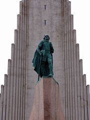 Close up of Leif in front of Hallgrímskirkja, in Reykjavík, Iceland.  The statue was a gift from the United States government.