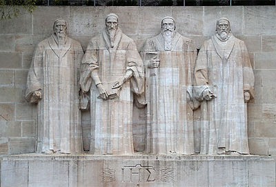 The Reformation Wall in Geneva. From left: William Farel, Calvin, Theodore Beza, and John Knox