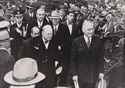 Churchill on the campus grounds of Westminster College with President Harry Truman in 1946