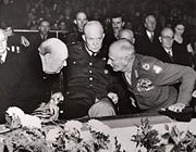 Churchill with American General Dwight D. Eisenhower and Field Marshal Bernard Law Montgomery at a meeting of NATO in October 1951, shortly before Churchill was to become Prime Minister for a second time.