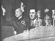 Eva Perón addresses the Peronists on October 17, 1951. By this point she was too weak to stand without Juan Perón's aid.