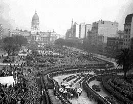The public procession of Evita's coffin through downtown Buenos Aires