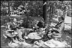 Anwar Sadat, Jimmy Carter and Menachem Begin meet on the Aspen Lodge patio of Camp David on September 6, 1978.