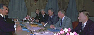 The Iranian Shah, Mohammad Reza Pahlavi, meeting with Arthur Atherton, William H. Sullivan, Cyrus Vance, President Jimmy Carter and Zbigniew Brzezinski, 1977