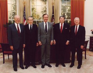 Former Presidents Gerald Ford, Richard Nixon, then-President George H. W. Bush and former Presidents Ronald Reagan and Jimmy Carter at the dedication of the Reagan Presidential Library