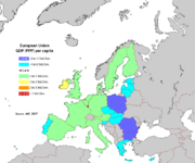 GDP (PPP) per capita 2007 showing countries above and below EU-27 average