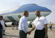 Bush shakes hands with New Orleans Mayor Ray Nagin September 2, 2005 after viewing the devastation of Hurricane Katrina.