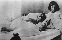 A young Indira Nehru and Mahatma Gandhi, during one of his fasts