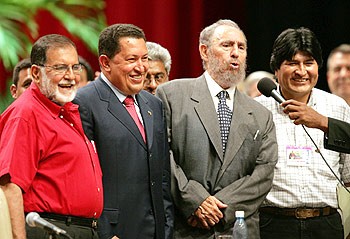 Schafik Handal, Hugo Chávez, Fidel Castro and Evo Morales, in Havana in 2004.