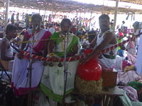 Tamil folk artists presenting a Villuppattu near Tirunelveli during a festival (panguni uththiram) at an Ayyanar temple.