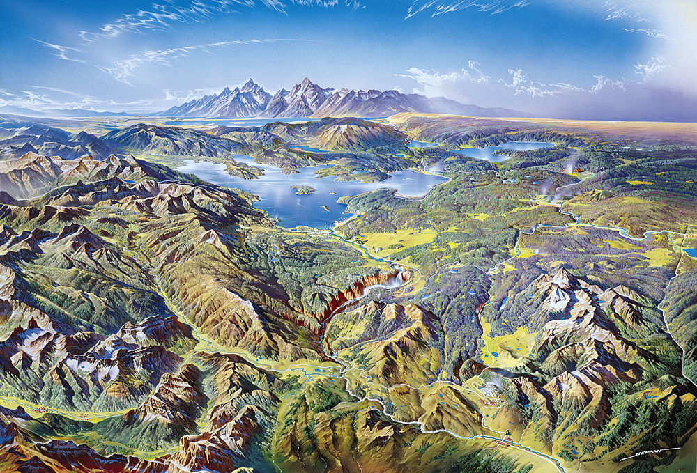 Painting of Yellowstone by Heinrich C. Berann. Aerial view of the entire park from the north, looking south. Mouse over the picture and click on an area of interest.