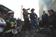 Bush addresses rescue workers at Ground Zero in New York, September 14, 2001.