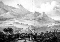 The ruins of Amphipolis as seen by E. Cousinéry in 1831: the bridge over the Strymon, the city fortifications, and the acropolis