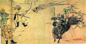A Mongol bomb thrown against a charging Japanese samurai during the Mongol invasions of Japan, 1281.
