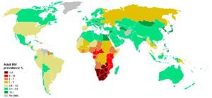 Estimated prevalence of HIV among young adults (15-49) per country at the end of 2005.