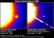 The brown dwarf Gliese 229B in orbit around its star.