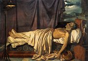 Lord Byron on his deathbed as depicted by Joseph-Denis Odevaere c.1826 Oil on canvas, 166 × 234.5 cm Groeninge Museum, Bruges. Note the sheet covering his misshapen right foot.