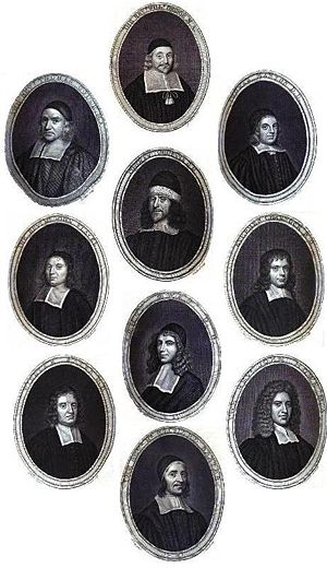 Gallery of famous seventeenth-century Puritan theologians: Thomas Gouge, William Bridge, Thomas Manton, John Flavel, Richard Sibbes, Stephen Charnock, William Bates, John Owen, John Howe, Richard Baxter.