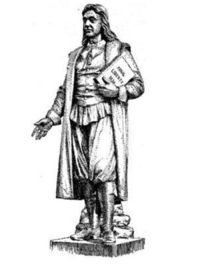 Engraving of a statue of Roger Williams (1603-1683), Puritan minister who was expelled from the Massachusetts Bay Colony in 1636 for his extremist views and who advocated religious liberty.  Williams founded the city of Providence, Rhode Island.