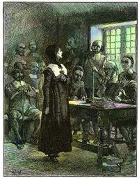 Nineteenth-century painting depicting Anne Hutchinson's (1591-1643) trial before the Massachusetts General Court in 1637, which led to her banishment from the Massachusetts Bay Colony.