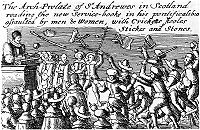 Jenny Geddes throws her stool at David Lindsay, Bishop of Edinburgh, in 1637, setting off the Prayer Book Riot which would ultimately lead to the First Bishops' War.