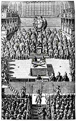 Print depicting the trial of Charles I (1600-1649) in 1649.  Although most Puritans opposed putting Charles on trial, the Independents in the New Model Army insisted on Charles' trial and execution, and purged the Long Parliament so that the trial and execution could go ahead.