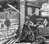 Frontispiece of Eikon Basilike, a book purportedly by King Charles, but likely ghost-written by John Gauden (1605-1662) and which appeared immediately after Charles' execution in January 1649.  Eikon Basilike portrayed Charles as a Christian saint who had been martyred for defending episcopacy in the Church of England against Puritan fanatics.