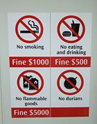Sign forbidding durians on Singapore's Mass Rapid Transit