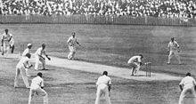 Bill Woodfull evades a ball from Harold Larwood with Bodyline field settings.