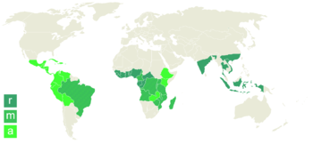 Map showing areas of coffee cultivation r:Coffea canephora m:Coffea canephora and Coffea arabica. a:Coffea arabica.