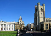 Great St Mary's Church marks the centre of Cambridge, while the Senate House on the left is the centre of the University. Gonville and Caius College is in the background.