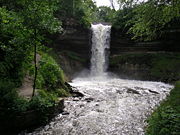 Minnehaha Falls is part of a 193 acres (78 ha) city park rather than an urban area, because its waterpower was overshadowed by that of St. Anthony Falls a few miles upriver.