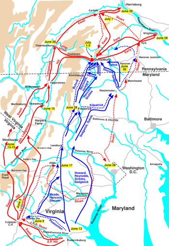 Gettysburg Campaign (through July 3); cavalry movements shown with dashed lines.      Confederate      Union