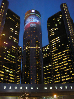 The Renaissance Center decorated for Super Bowl XL.