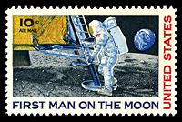 Postage stamp commemorating Apollo 11. Armstrong is not honored "by portrayal" in accordance with U.S. Postal Service criteria pertaining to postage stamps not honoring living people.