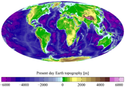Present day Earth altimetry and bathymetry. Data from the National Geophysical Data Center's TerrainBase Digital Terrain Model.