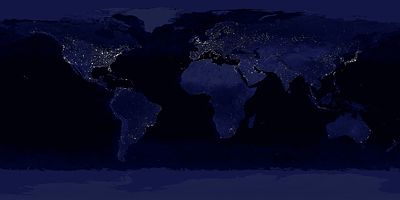 The Earth at night, a composite of DMSP/OLS ground illumination data on a simulated night-time image of the world. This image is not photographic and many features are brighter than they would appear to a direct observer.