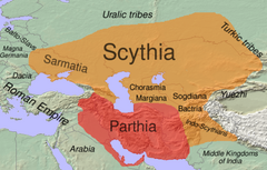 Geographical extent of Iranian influence in the 1st century BCE. The Parthian Empire (mostly Western Iranian) is shown in red, other areas, dominated by Scythia (mostly Eastern Iranian), in orange.