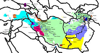 Geographic distribution of the Iranian languages: Persian (green), Pashto (purple) and Kurdish (turquoise), Baloch (Yellow), as well as smaller communities of other Iranian languages