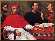 Machiavelli (center right) depicted with: (from left to right) Cesare Borgia, Pedro Luis de Borja Lanzol de Romaní, and Don Micheletto Corella