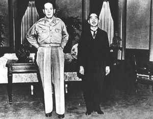 General MacArthur and the Emperor at Allied GHQ in Tokyo. September 17, 1945.